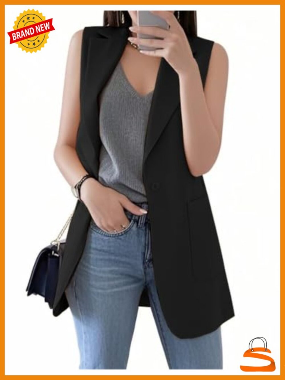 Sleeveless Long Blazer Vest One Button Notch Lapel Fully Lined